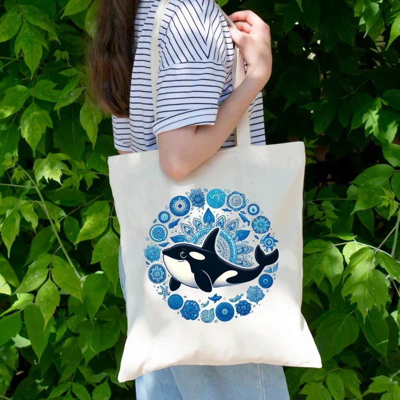 

Marine Element Shoulder Bag for Women Sea Turtle Orca Pattern Daily Shopping Bag Short Term Travel Bag Student Tutoring Tote Bag