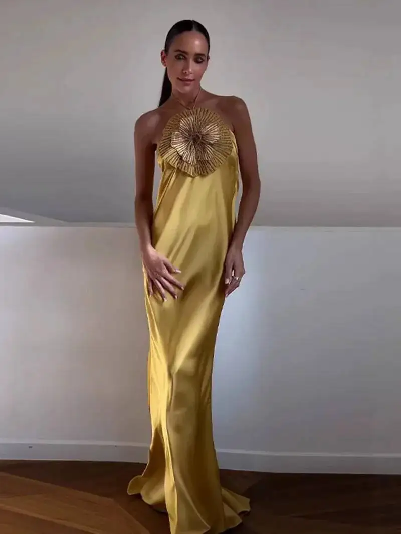 Elegante Party frauen Kleid 3D Blume Halfter Ärmellose Backless Meerjungfrau Satin Weibliche Kleider Sommer Chic Abend Dame Robe