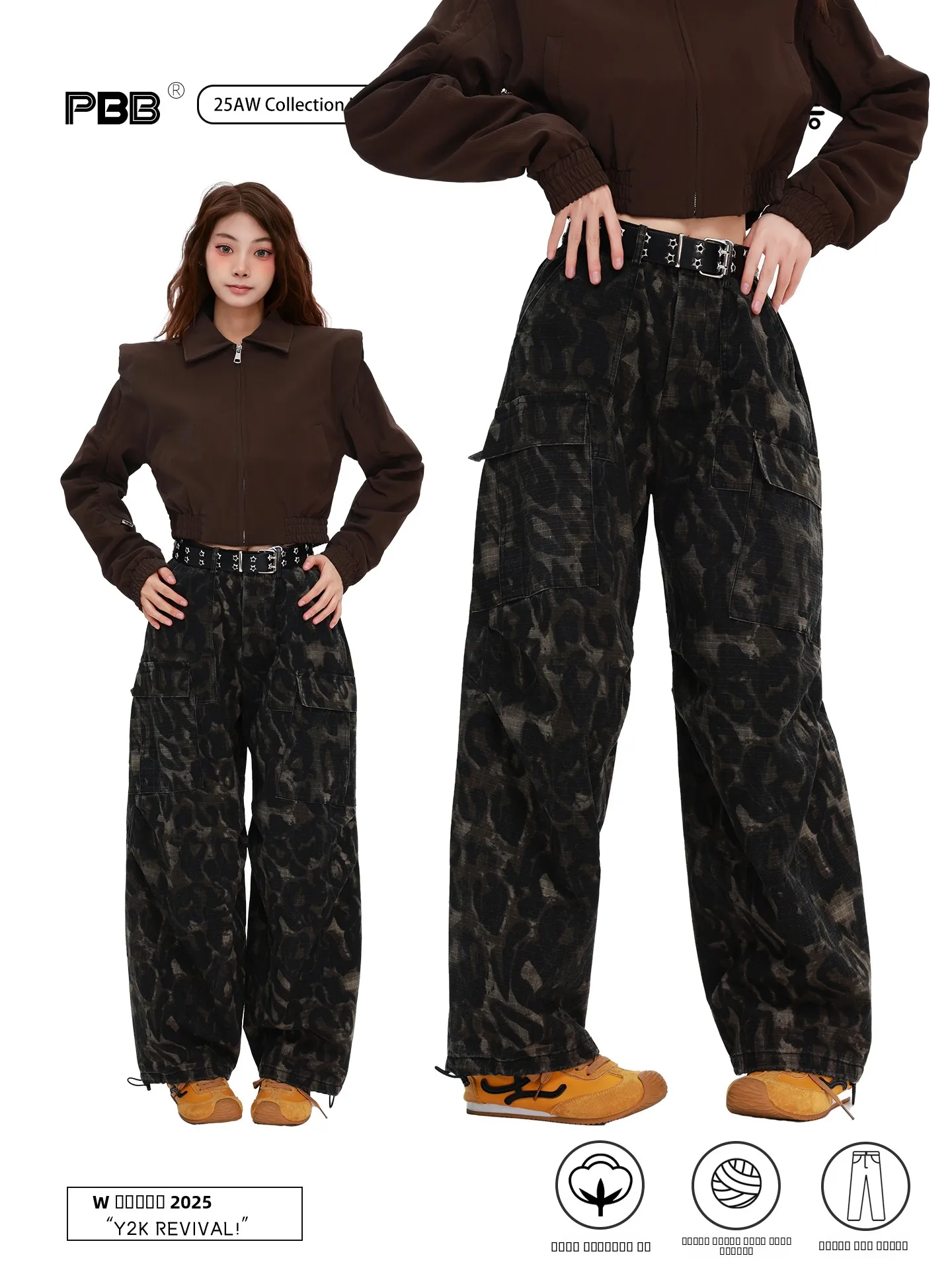 

Брюки женские PBB с высокой талией, широкие, повседневные, хлопковые, в клетку, камуфляжные, прямые, в стиле стритстайл, хип-хоп, модные, брендовые