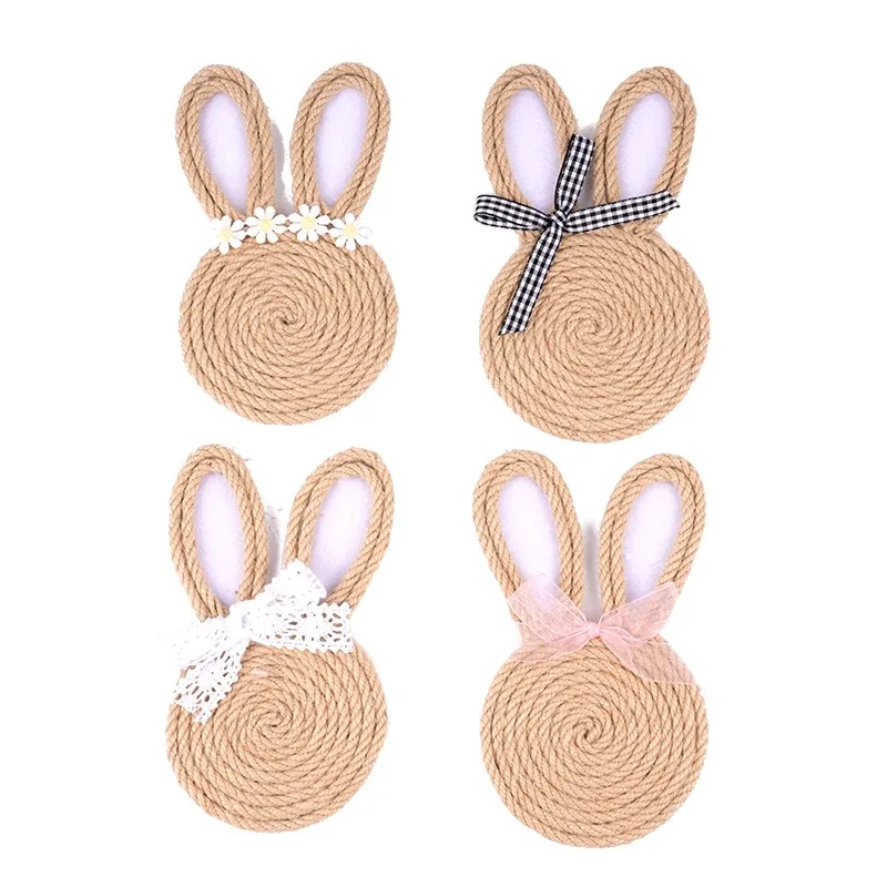 

4PC Handmade Linen Cute Rabbit Coaster, Festival Party Table Decoration, Woven Heat-Insulated Coaster, Home Desktop Ornament