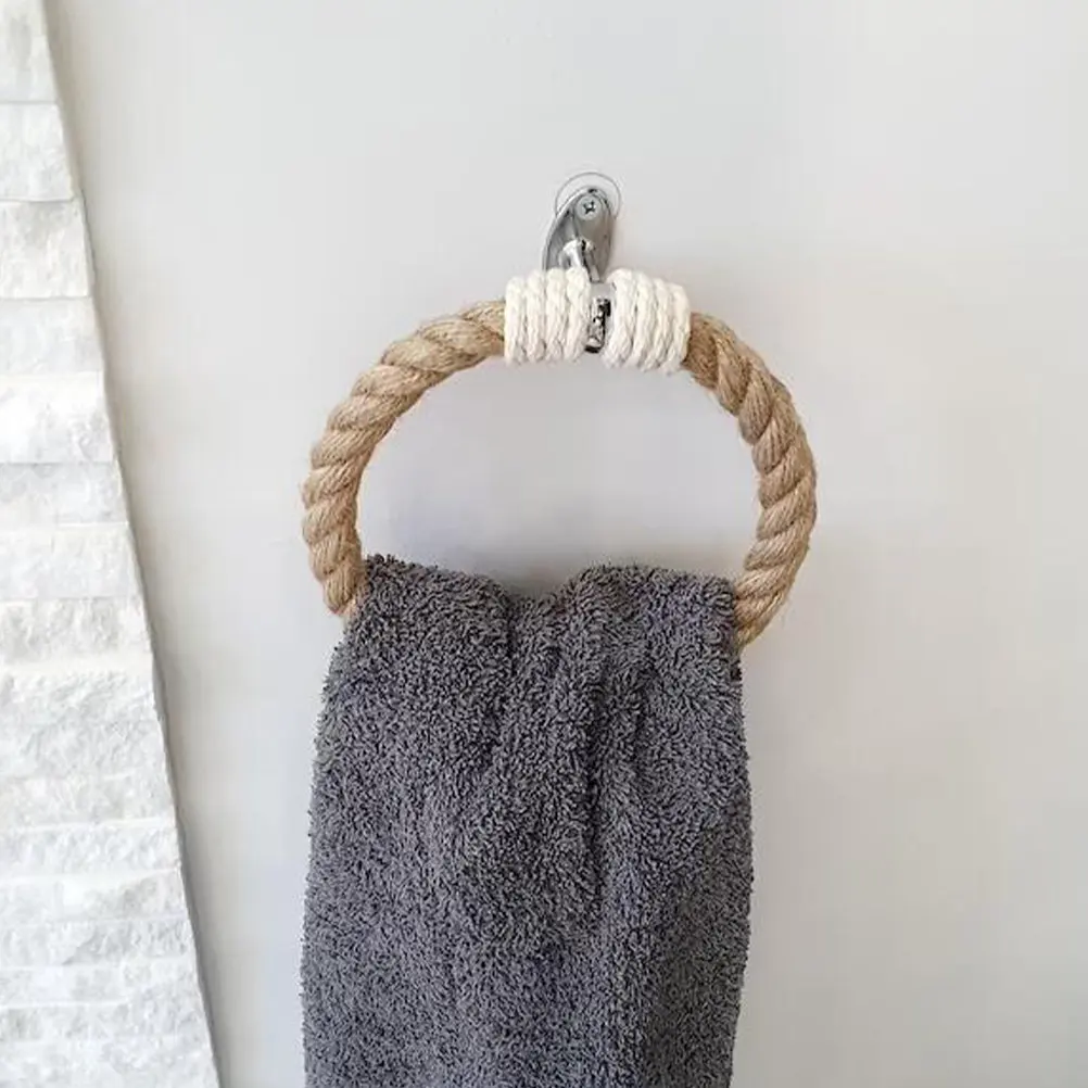 

Bohemian Style Bathroom Towel Rack Handwoven Rope Iron Hanging Wall Mount Holder Decorative Towel Ring for Small Bathroom