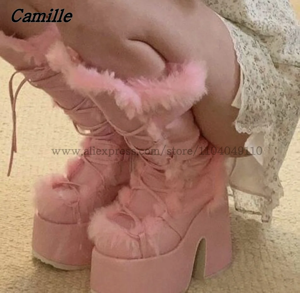 

Punk Style Plush Thick-Soled Lace-up High-Heeled Snow Boots Mary Jane Autumn NEW Y2K Sexy Pumps Round Toe Platform Casual Shoes