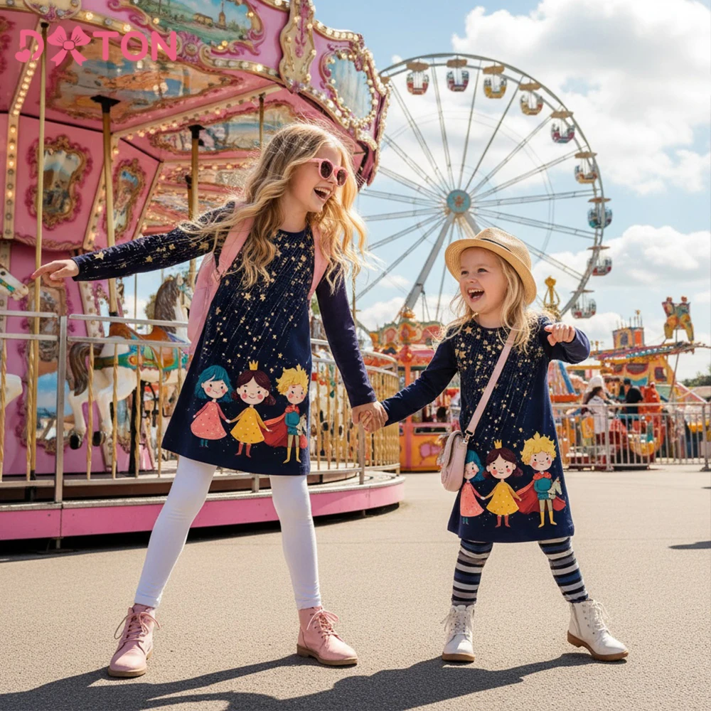 

DXTON Kids Sisters Outfit Cotton Children Dresses Autumn Long Sleeve Girls Daily Dress Star Dot Straight Toddler Vacation Clothe