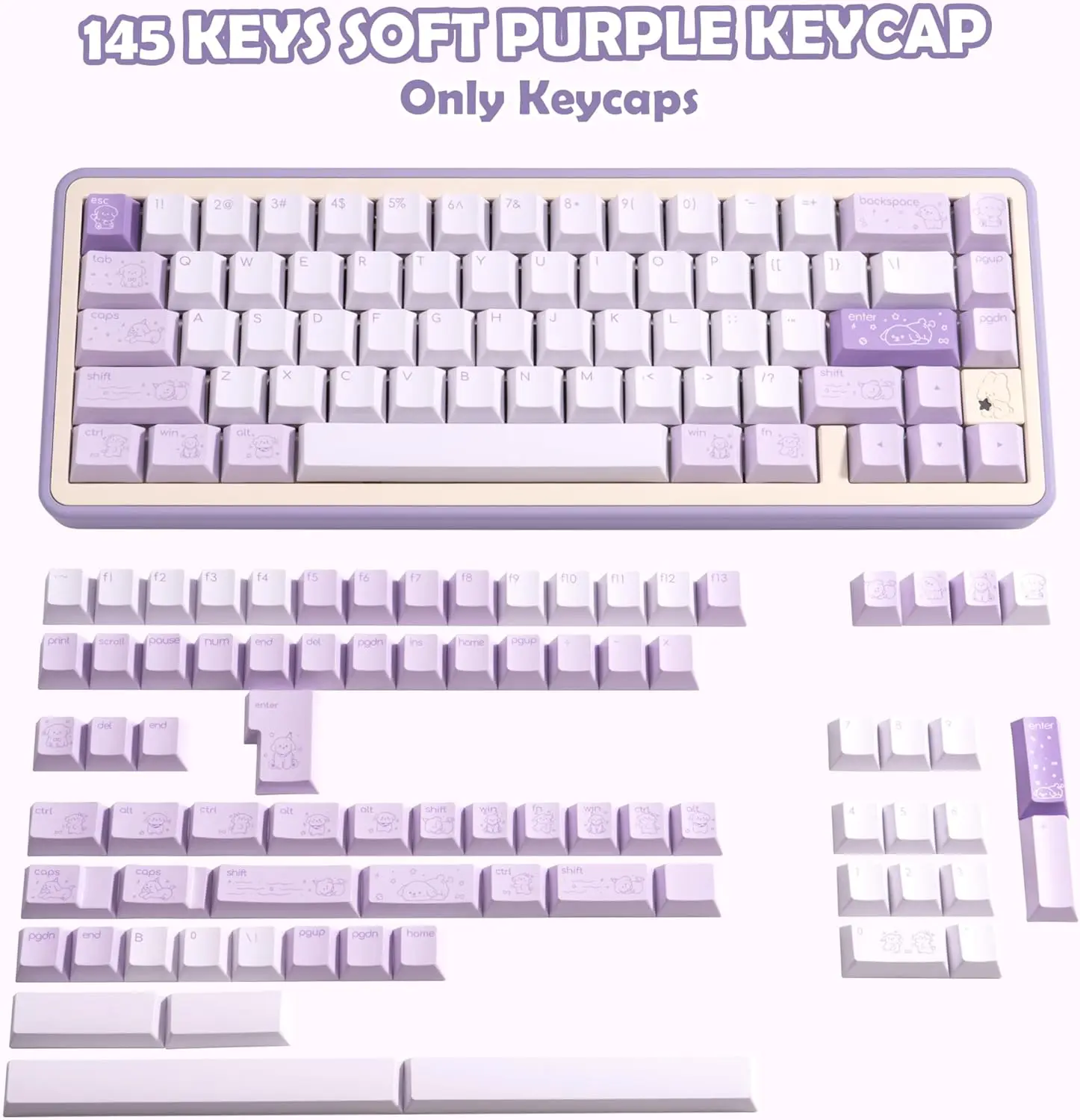 Cute PBT Keycap  Light Purple Cherry Profile Custom Key Cap for Mechanical Gaming Keyboard 145 Keys Dye Sublimation Keycap Set