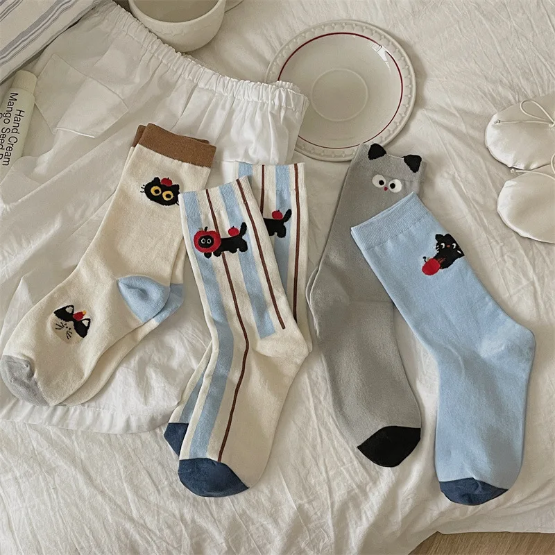 Korean Version of Female Long Socks Cute Cartoon Spring and Autumn Tube Socks Small Girls Vertical Stripes Short Socks