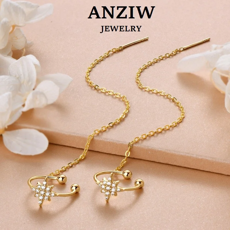 

Anziw Moissanite Star Ear Line Cuff Crawler Climber Earrings for Women 925 Silver Long Chain Threader Earring GRA Jewelry Gifts