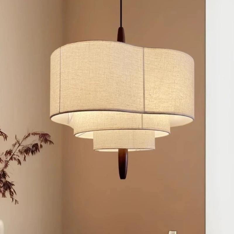 Nordic Minimalist Tiered Linen Pendant Lights Natural Wood Accent Beige Fabric Lampshade Living Room Bedroom Dining Chandelie
