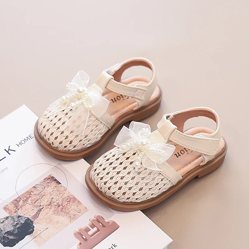 

Girls Beach Shoes T-strap Lace Bows 2025 Summer New Children Princess Shoes Sweet Beadings Non-slip Kids Sandals Weave Elegant