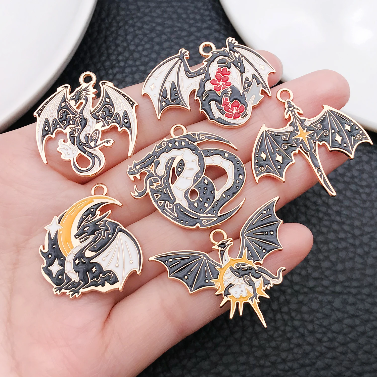 

6/10 pcs Black & White Dragon, Phoenix, Python, Eagle, Deer Enamel Alloy Earring Loops, Hair Accessories, Pendants DIY Ornament