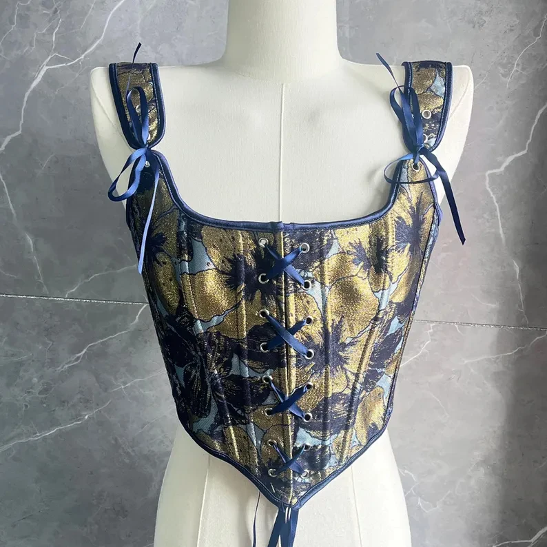 

Blue floral corset | Cropped floral top | Vintage corset | Vintage waist shaper | Tie-front herringbone corset