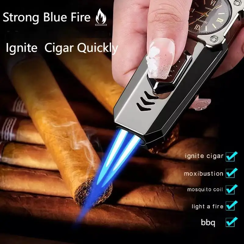 Dual Jet Torch Lighter With Analog Watch Decor Inflatable Metal Windproof Outdoor Camping Ignition Tool Accessory