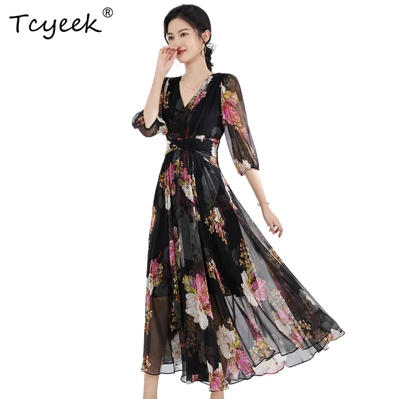 

Tcyeek 100% Real Mulberry Silk Floral Dress Summer Dresses 2025 Elegant V-neck A-line Black Tea Break Long Women's Dress 신상원피스