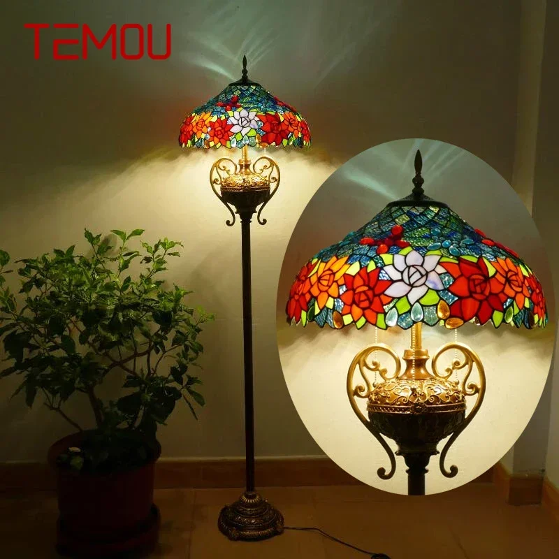 

TEMOU Tiffany Floor Lamp American Retro Living Room Bedroom Lamp Country Stained Glass Floor Lamp