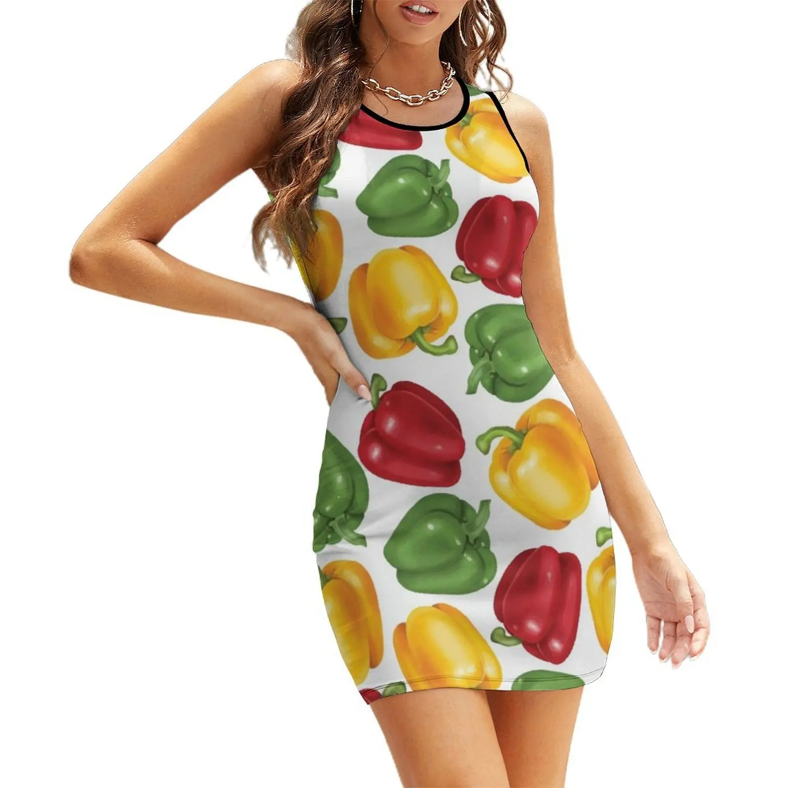 

Seamless Yellow, Red & Green Capsicum Pattern Sleeveless Sundress birthday dress luxury dresses chic and elegant evening dress