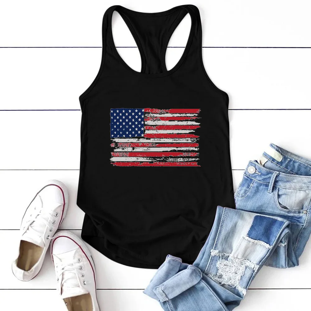 Seeyoushy American Flag Print Summer Casual Fashion Women\'s Tank Top Printed Vest Women\'s Crewneck Sleeveless Shirt Top Mujer