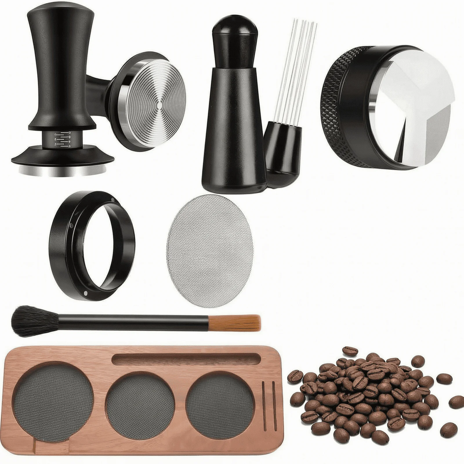 1 Pack 58mm Espresso Making Accessories 7 Pcs Coffee Tamper Tamping Station Distributor WDT Tool Dosing Funnel Puck Screen For Beginner Home Barista