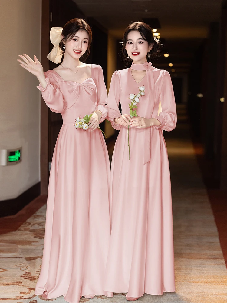 

Pink Maids Dr 2025 New High-End Luxury Long Sve Gown Slim Fit Dr for Bridesmaid up Korean Sle mid Waist Floor L...