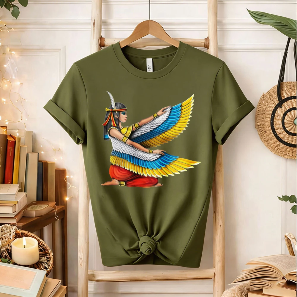 Egyptian Maat Goddess with Colorful Wings Cartoon Illustration T-Shirt Ancient Egypt Justice Symbol Cotton Mythology Tee Top
