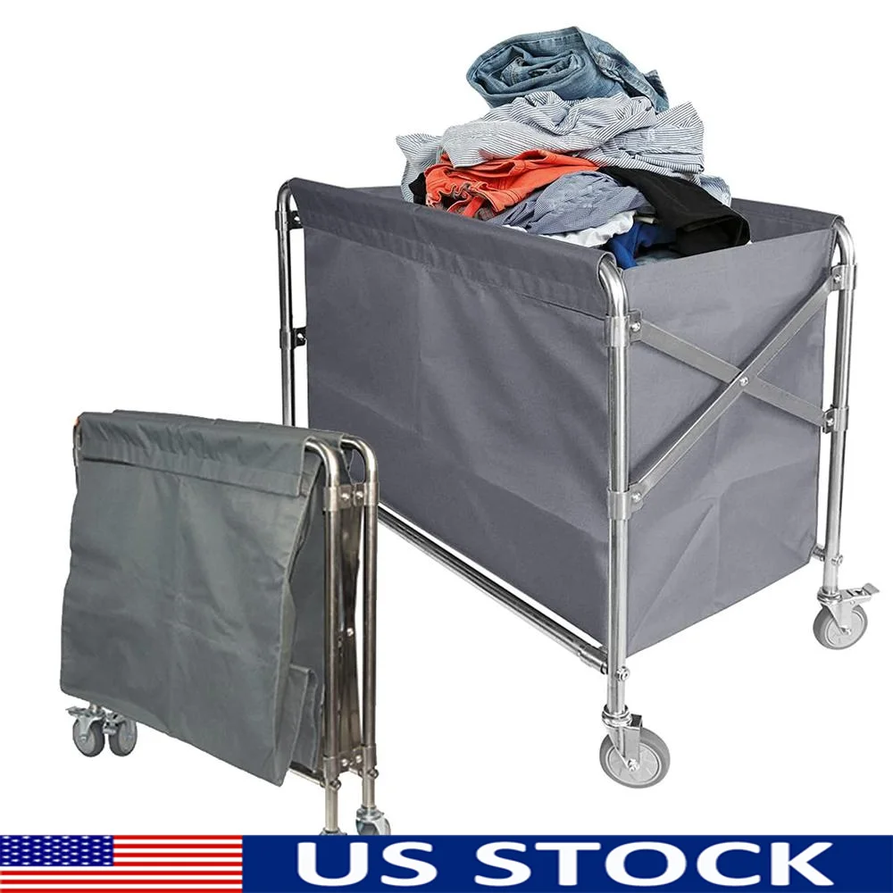 Commercial Rolling Laundry Trolley Cart Heavy Duty Stainless Steel Frame Laundry Hamper Sorter Cart Portable Collapsible Laundry