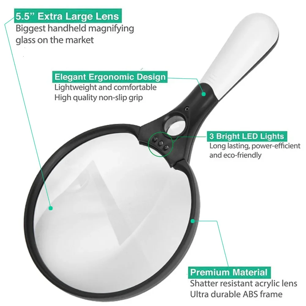 Large Magnifying Glass 2X 4X 25X Handheld Magnifier With 3 LED Lights For Seniors Reading Inspection 137MM