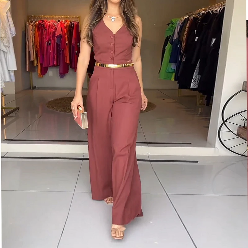 Wefads Women Jumpsuit Summer Casual Solid V Neck Button Cutout Sleeveless Slim Loose Wide Legs Pants Romper High Streetwear