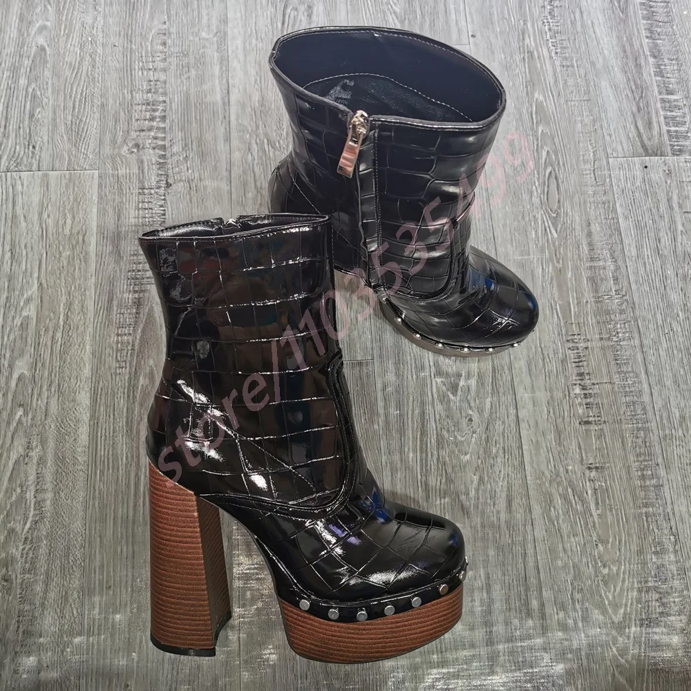 

Platform Rivet Sexy Ladies Chelsea Boots Round Toe Thick High Heels 2025 New Ins Style Zipper Fashion Party Casual Short Boots