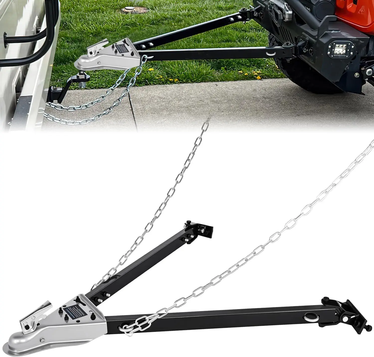 

Universal Tow Bar with Safety Chains, 5500 lbs Capacity, Fits 2-Inch Hitch Ball for RV, Trailer, Truck