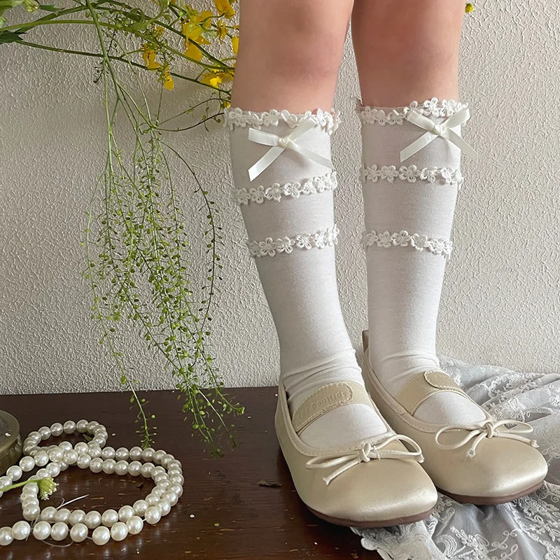 

MILANCEL New Summer Kids Calf Socks 3-8T Sweet Three Layer Lace Girls Knee-high Socks 6 Colors Cute Children Straight Socks