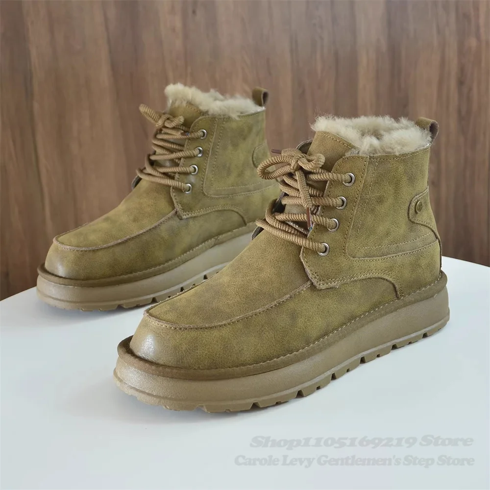 Sheepskin Wool Integrated Snow Boots for Men 2026 Winter New Leather Lace Up High Top Height Increasing Anti Slip Cotton Shoes