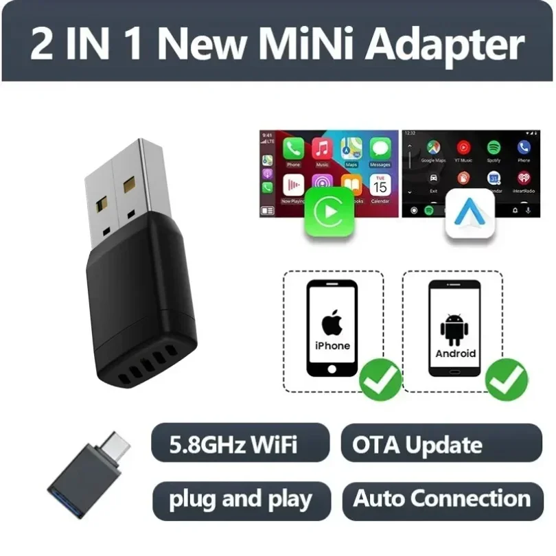 Mini Wireless CarPlay Adapter Android Auto Wireless Dongle Wifi 5.8G Auto Connect Box For iphone Android Phone