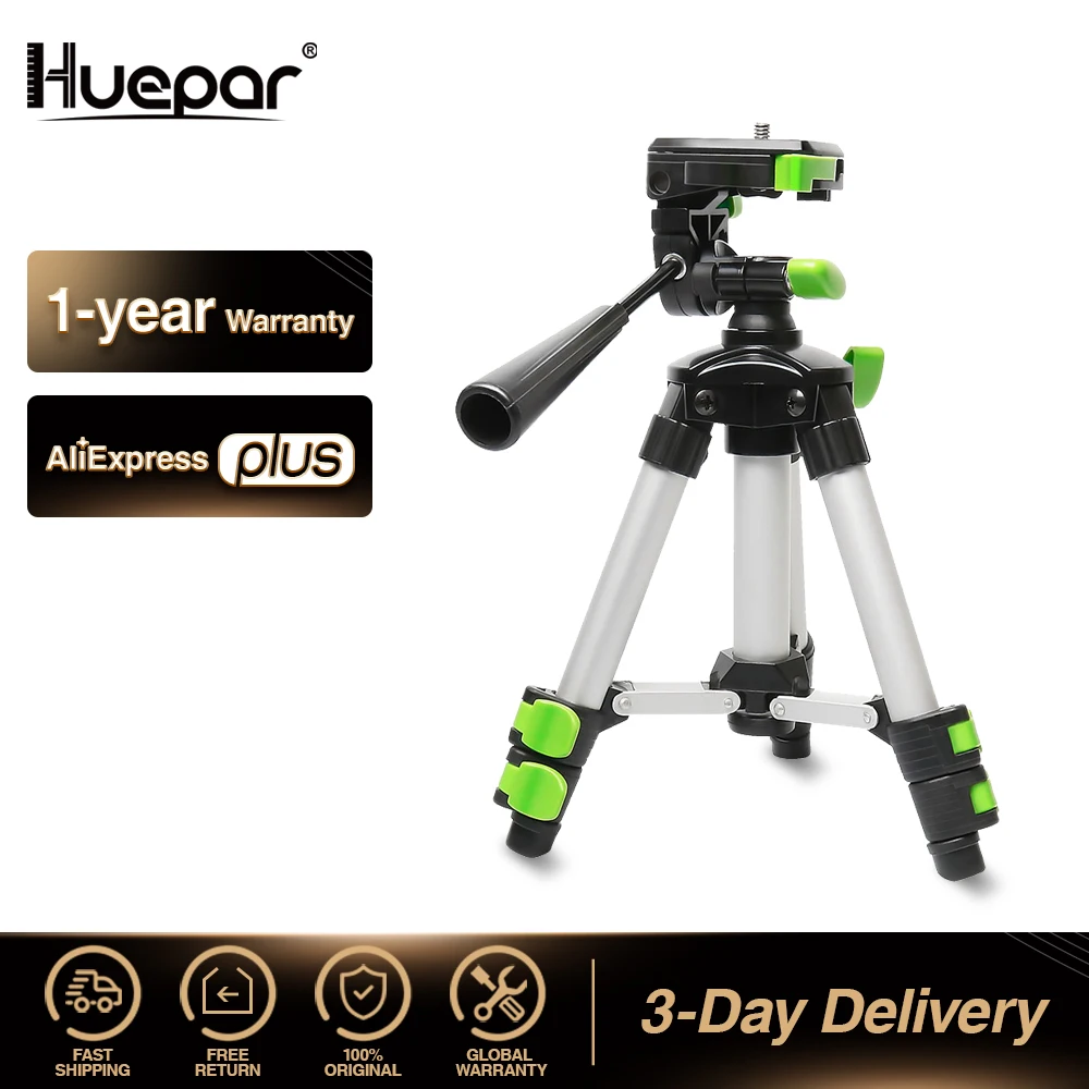 Huepar Aluminum Portable Adjustable Tripod for Laser Level Camera with 3-Way Flexible Pan Head Bubble Level 1/4\