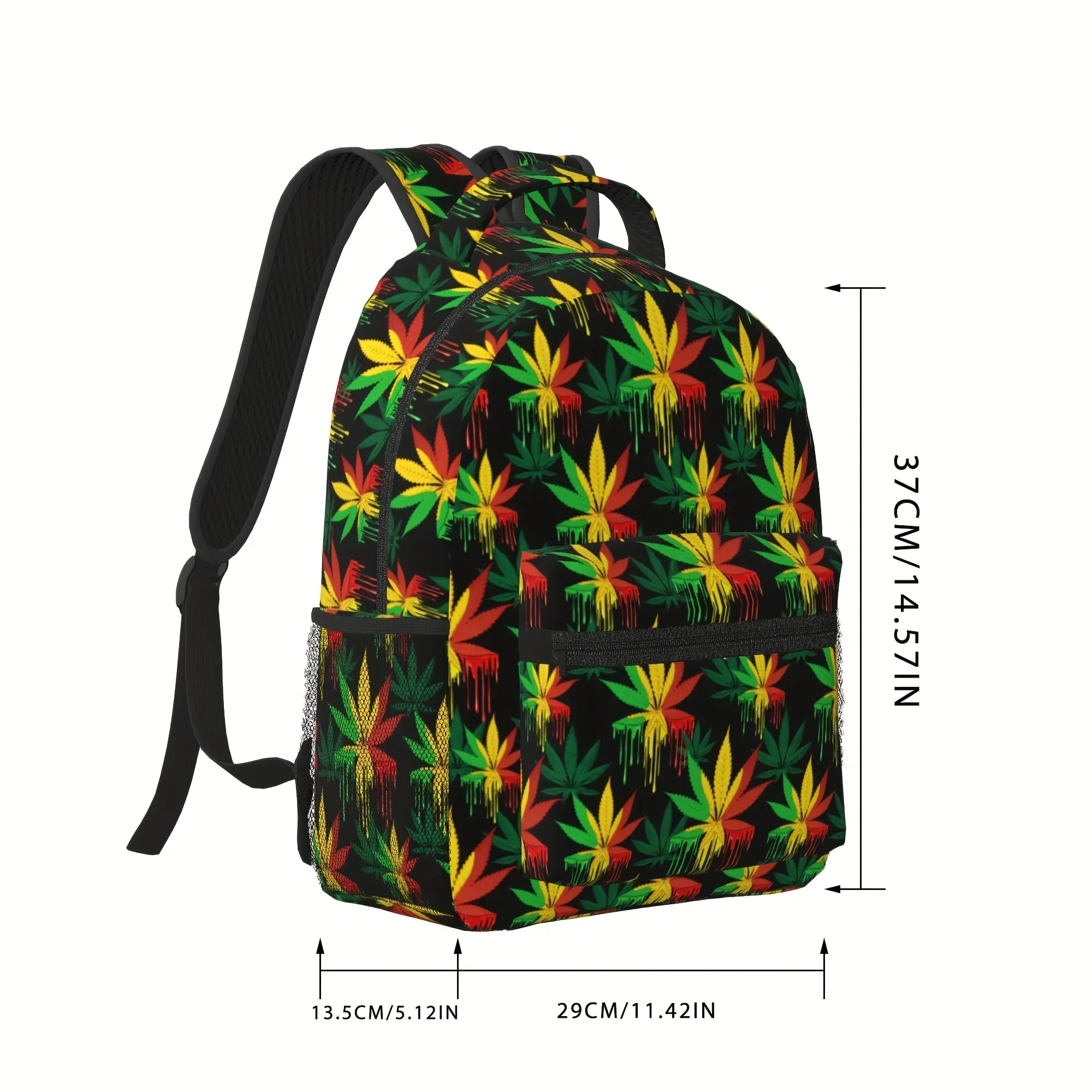 Custom Marijuana Leaf Rasta Colors Dripping Paint Fashionable Printed Backpack, Light And Durable Fabric, Adjustable Shoulder St