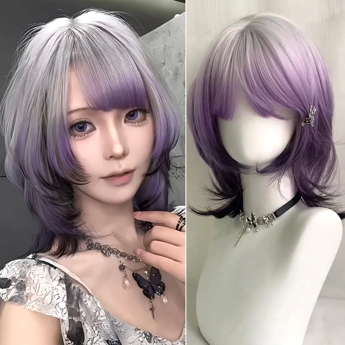 

Purple Wigs for Women Short Hair Y2K Headband Wig with Bangs Sissy Synthetic Straight Anime Ombre Hair Wig