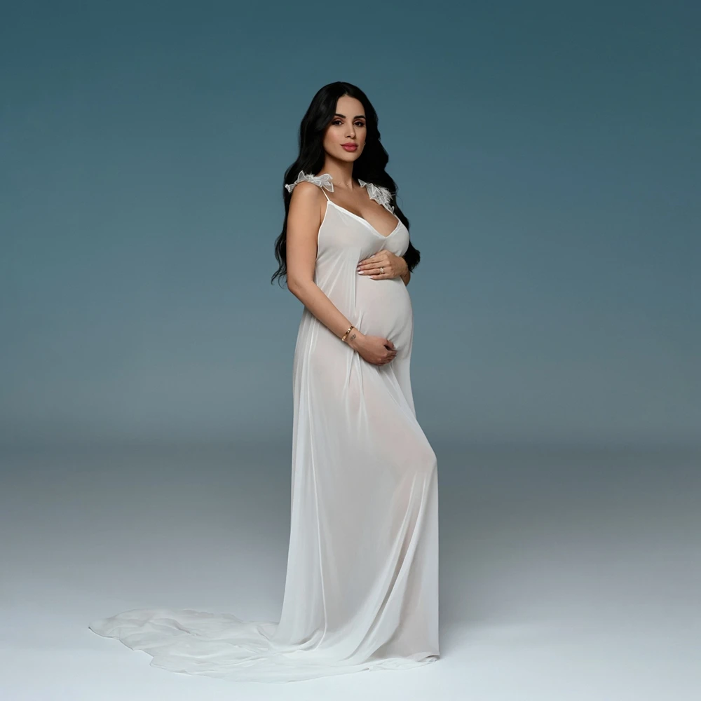 

Maternity Photography Dress V-Neck Spaghetti Strap Gown with Lace Flowers for Photo Shoot Sexy See Through Pregnancy Costume