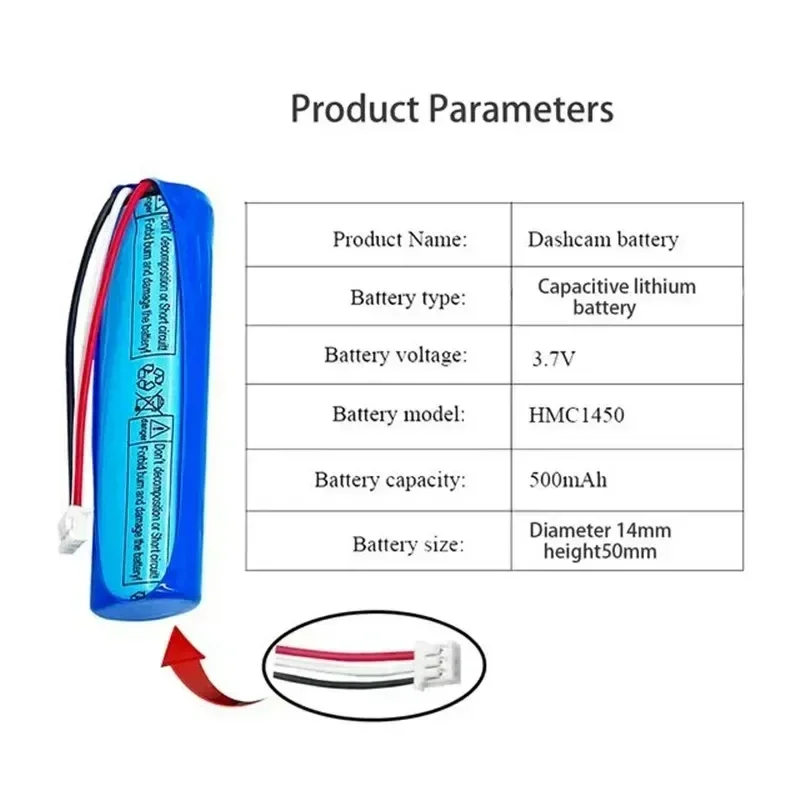 100% original battery, 70mai dash cam A800 hmc1450 backup battery, battery, 3-wire plug, 14x50mm, 3.7 V, 500 MAH,..