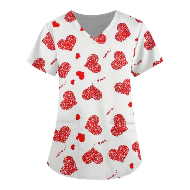 Europäische und amerikanische Damen-Schutzkleidung, Valentinstag-Liebesthema, 3D-gedrucktes Kurzarm-T-Shirt mit V-Ausschnitt und Tasche