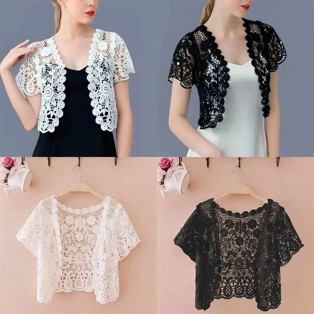 Black/White Bridal Summer Jacket Open Front Short Sleeve Knit Vest Floral Pattern Crop Style Floral Crochet Cover for Women