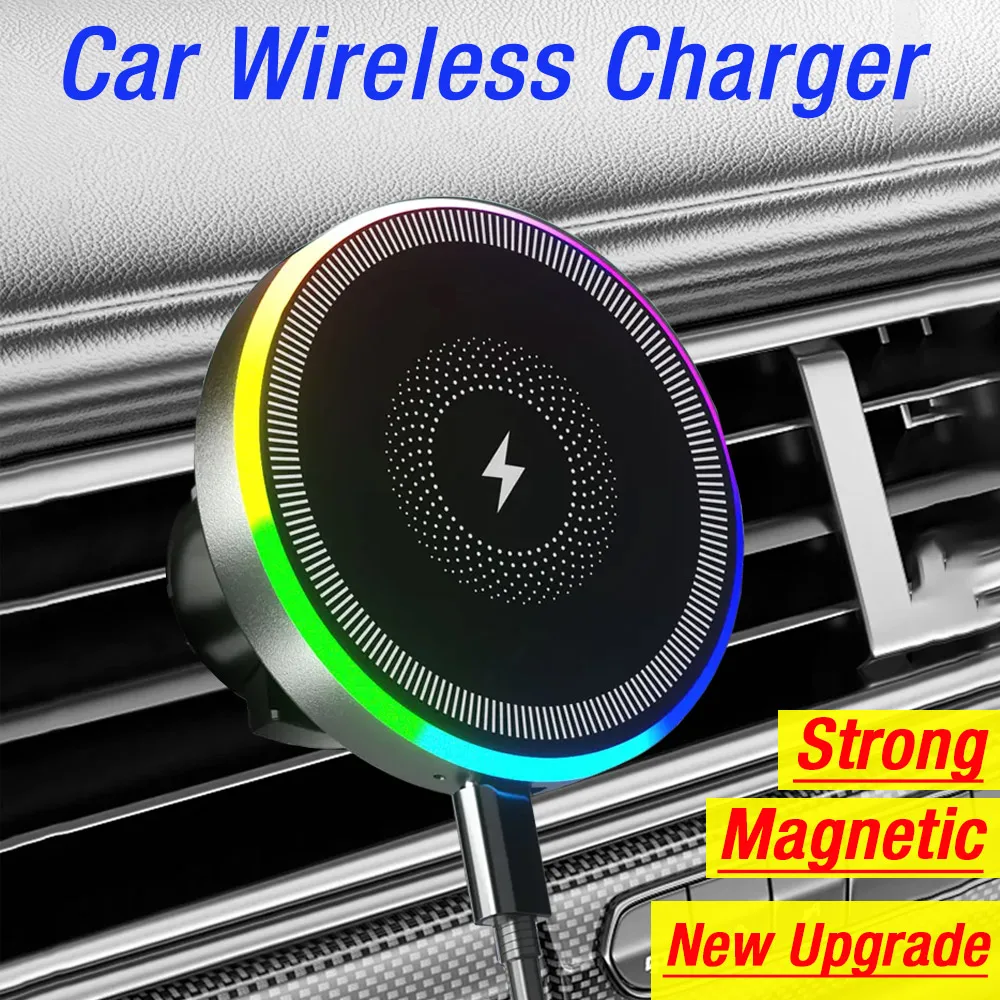 

Магнитное автомобильное беспроводное зарядное устройство, держатель для телефона, RGB-подсветка, крепление для вентиляционного отверстия, док-станция, подставка для iPhone 16, 14, 13, 12, крепление Pro Max