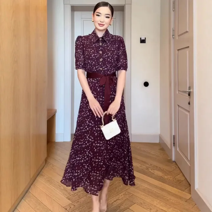 Abito da donna Abaya Abiti da festa Jalabiya Musulmano Estate Stampa floreale Abiti Lace Up Eid Robe Ramadan Dubai Abaya Caftano