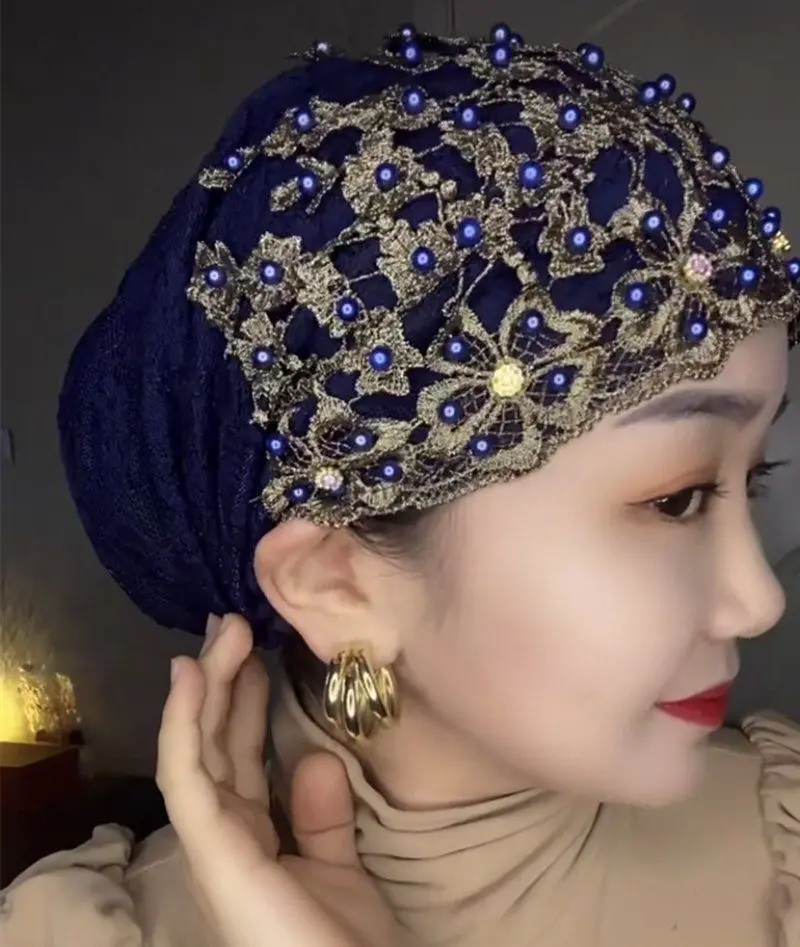 Plum‑Blossom Beaded Rhinestone Hat, Breathable Stretchy Turban Hat, Vintage Decorative Women's Hat for Daily Outfits