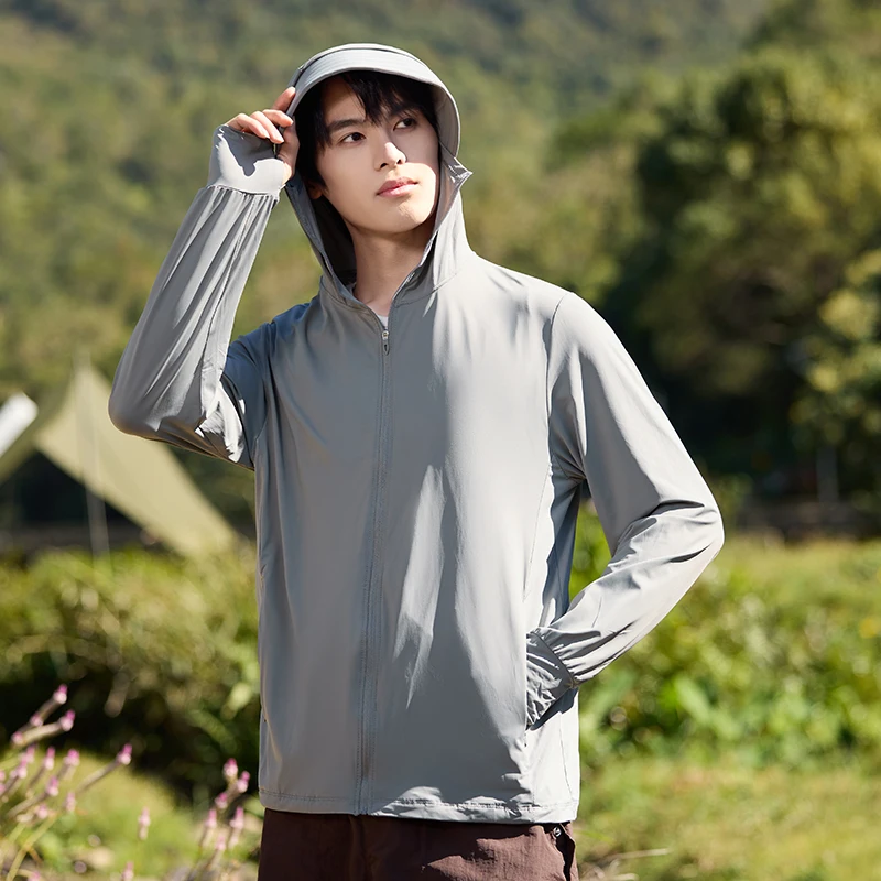

Men's Ice Silk Sun Protection Jacket UPF 50+ - Summer Lightweight UV Windbreaker, Grey Hooded & Breathable