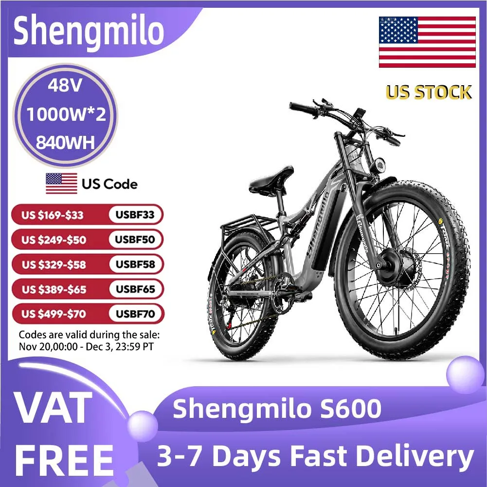 

Shengmilo S600 Adult 1000W*2 E-bike Men's E-Mountain ebike with Two Motor, 48V840WH Battery,26" Fat Tire Electric Bike