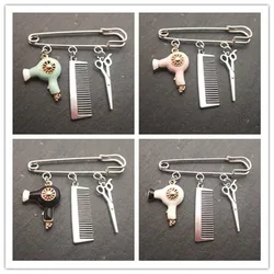 2021 Creative Personality Hair Stylist Brooch Charm Jewelry Hairdressing Scissors Comb Pendant Washing and Cutting Brooch