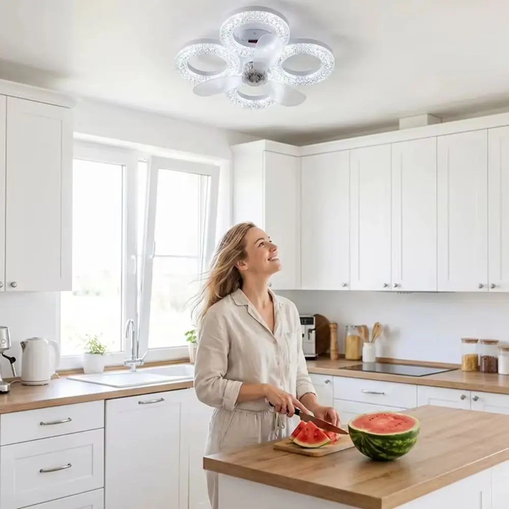 Large Air Volume Fan Light Silent Operation E27 Screw Base LED Fan Lamp Timing Function Dimmable LED Ceiling Fan Light