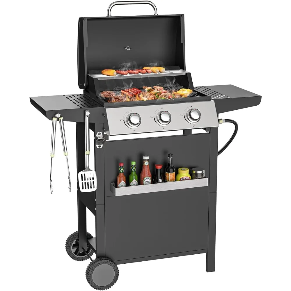 

3 Burner BBQ Propane Gas Grill with Spice Rack, Stainless Steel Patio Garden Barbecue Grill with Two Side Shelves,36,000 BTU Out