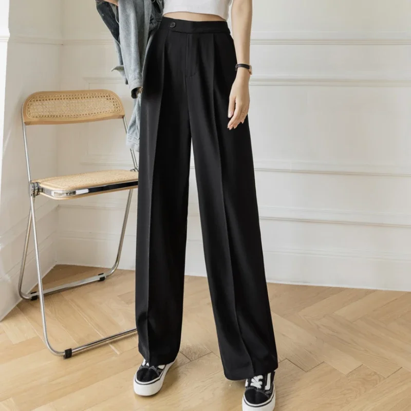 

Women Casual Elastic High Waist Wide-leg Pants 2024 Office Lady Drape Long Suit Pant Spring Summer Female Fashion Loose Trousers