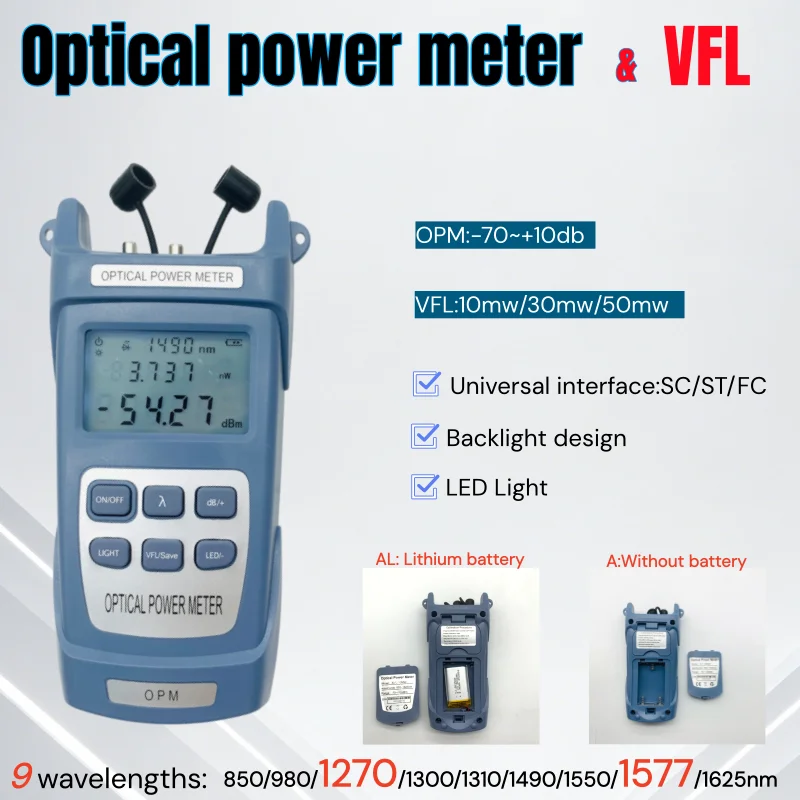 MINI Optical Power Meter -70~+10dBm with VFL 10/30/50MW test 9wavelength，Fiber Optic Cable Tester FTTH Tools with LED Lighting
