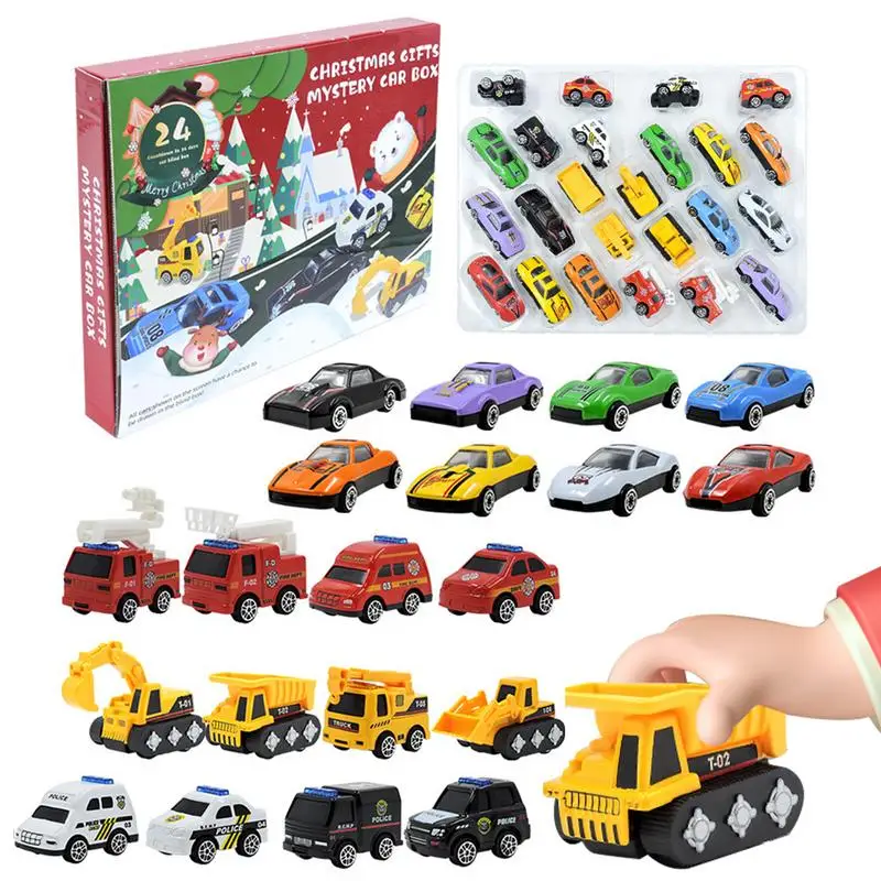 Calendário do Advento do Natal com diferentes veículos, contagem regressiva, calendários do brinquedo para crianças pequenas, mini carro do edifício, meninos