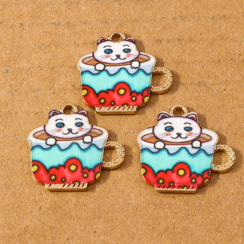 10pcs Cute Enamel Animal Cat Coffee Cup Charms Pendant for Jewelry Making Earrings Necklace DIY Bracelet Accessories Supplies