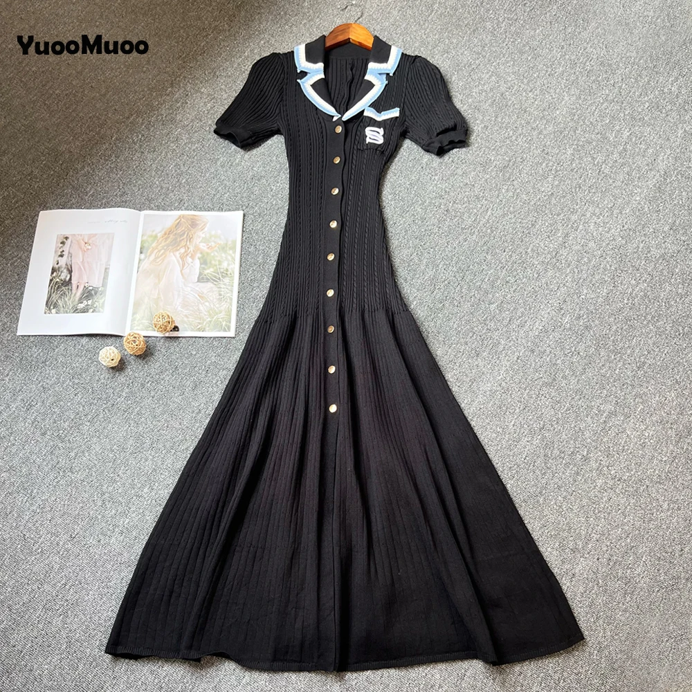 Yuoomuoo chique moda bordado feminino maxi vestido elegante turn-down colarinho de malha camisa longa vestido senhora do escritório vestidos de festa